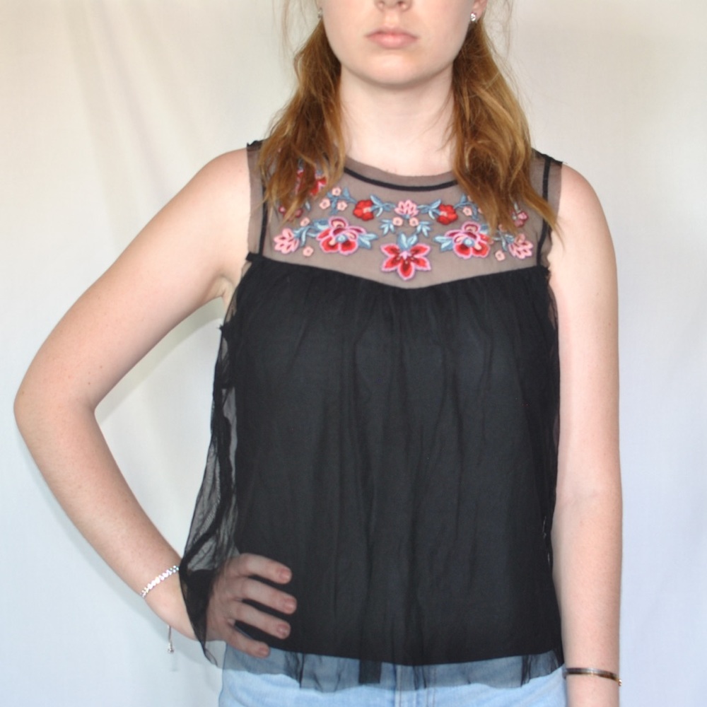 Holister Mesh Tank Top with Flower Embroidery